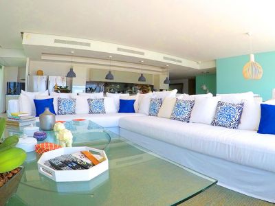 Living high end white sofas Penthouse Beach Front Peninsula Nuevo Vallarta Mexico