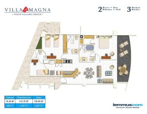 3 baños 2 recámaras mas estudio Plano de Unidades Desarrollo Villa Magna en Nuevo Vallarta